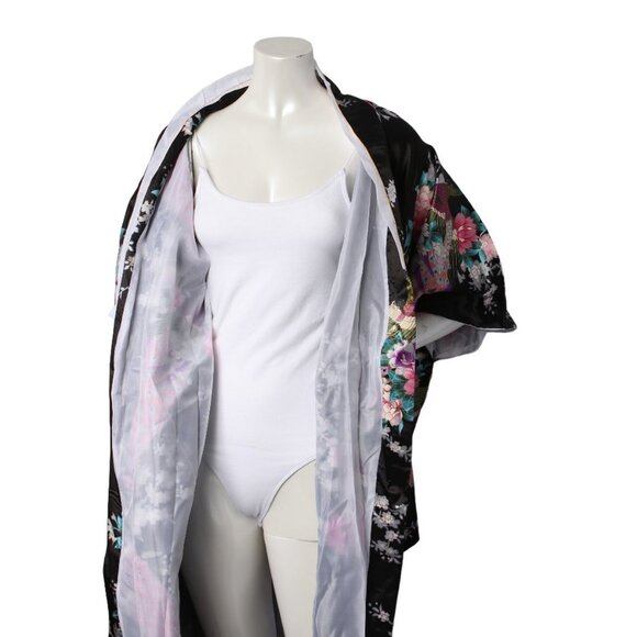 Satin Kimono Floral Japanese Style Dress Flower Peacock Belt Black Pink Blue NEW - Picture 4 of 14